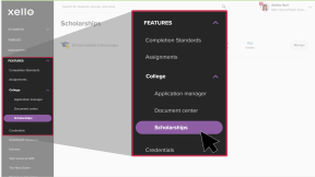 Educator account in Xello. In the left menu, Features is open. The College menu is also open and the cursor is selecting Scholarships.